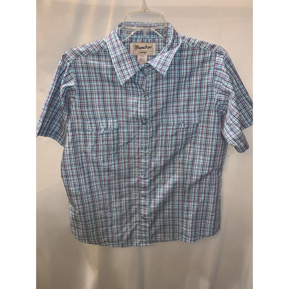 Women's L Blue Pink Sparkle plaid Wrancher Wrangler Short Sleeve Pearl Snap - Picture 12 of 16